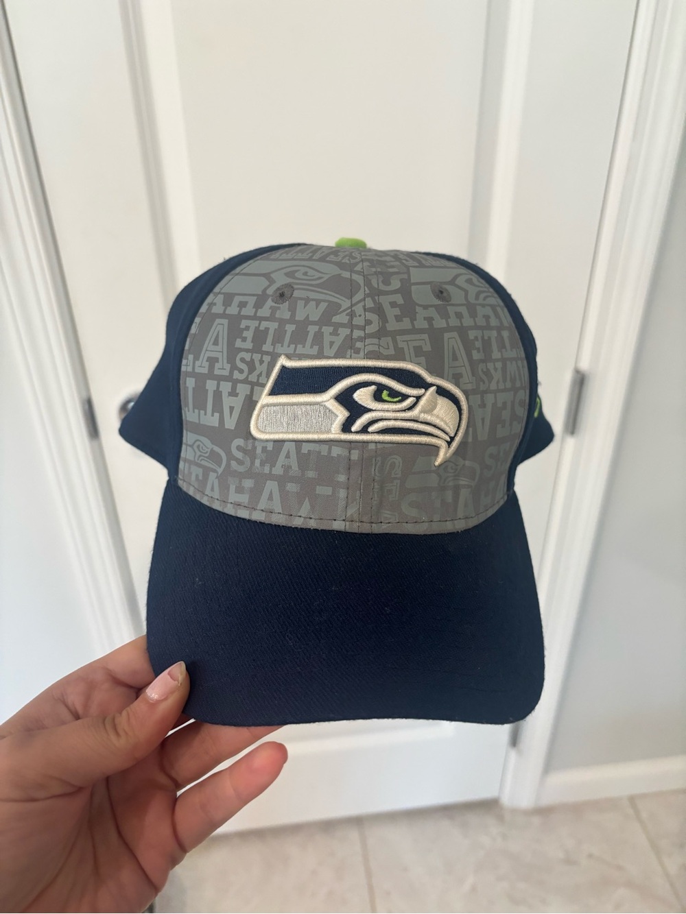 New Era Seattle Seahawks Navy and Gray Logo Cap with Lime Accent
